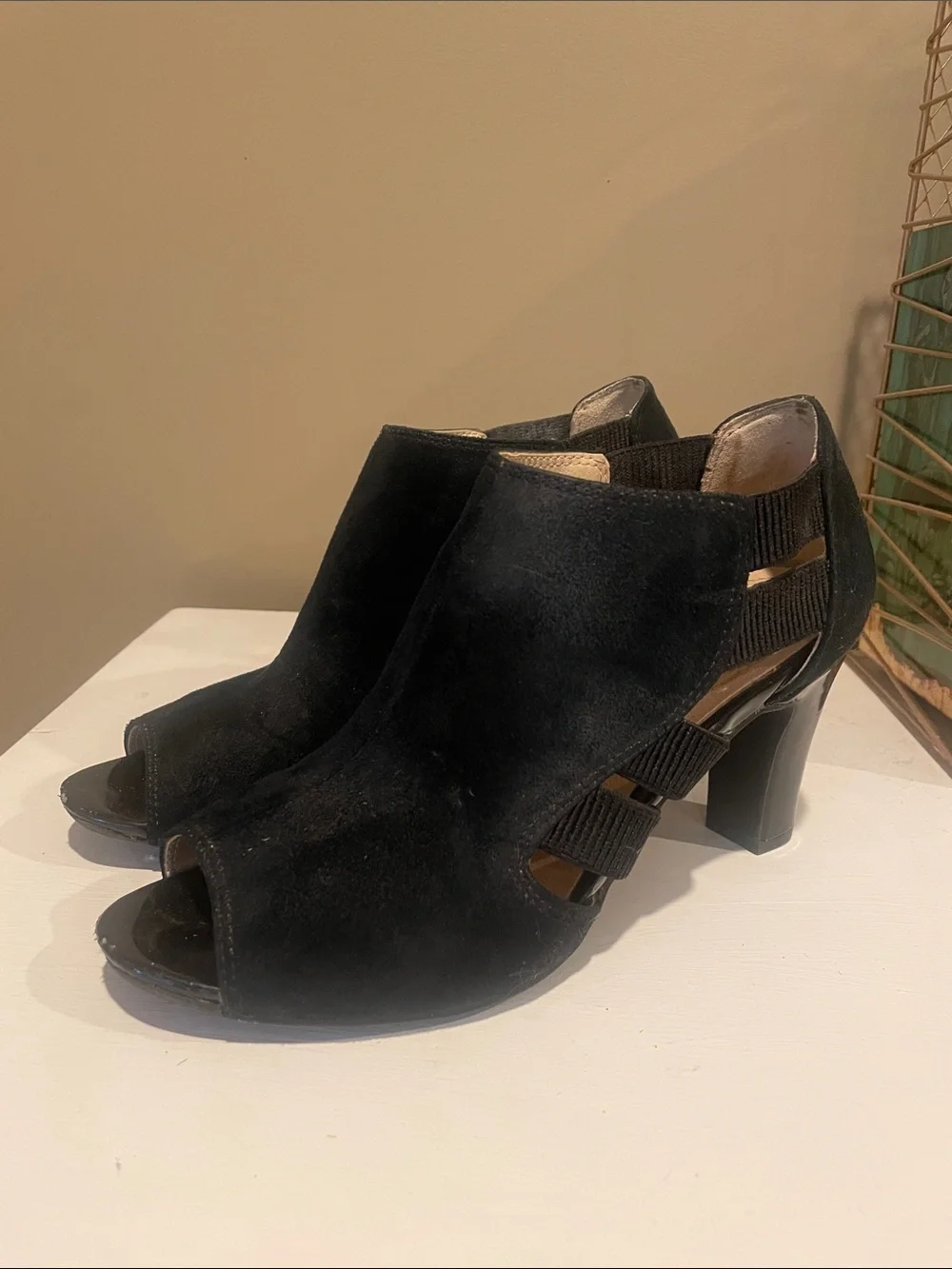 Life Stride Black Suede Peep-Toe Block Heel Sandals